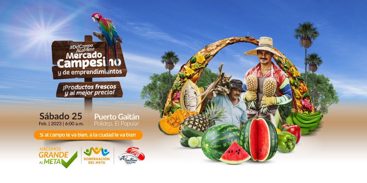 GobMeta's tweet photo. Estaremos con nuestra oferta institucional apoyando a los emprendedores y productores de #PtoGaitán, ofrecerán productos frescos, transformados y con los mejores precios. ¡Los esperamos, sábado 25 de febrero!
 
¡Si al campo le va bien, a la ciudad le va bien! #HacemosGrandeAlMeta https://t.co/z2ATDpYDyM