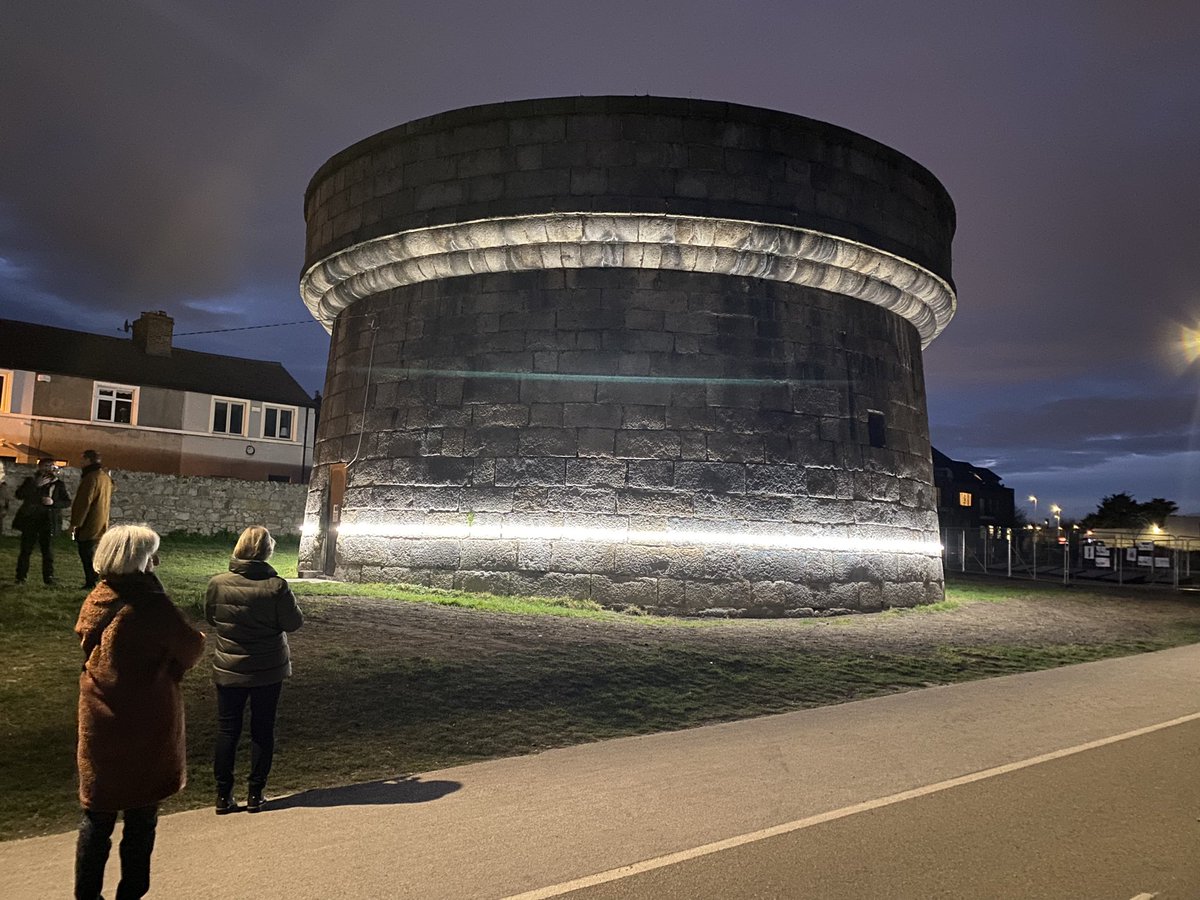Hurlzzz's tweet image. Art installation at #Blackrock park Martello tower shows the predicted high-tide mark if the world does not meet emissions targets to keep global temperature rise within 1.5oC of 1970 global average. #FightFor1Point5