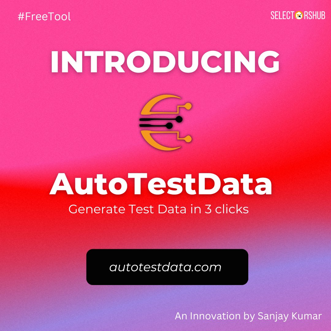 SanjayKumaarr's tweet image. 📢#NewTool: @AutoTestData 🎉
Now generate test data just in 3 clicks.
No installation, just open the url & generate data.
🔗autotestdata.com
No more time waste in writing code to generate fake data.
An absolutely free product offered by @SelectorsHub
#autotestdata