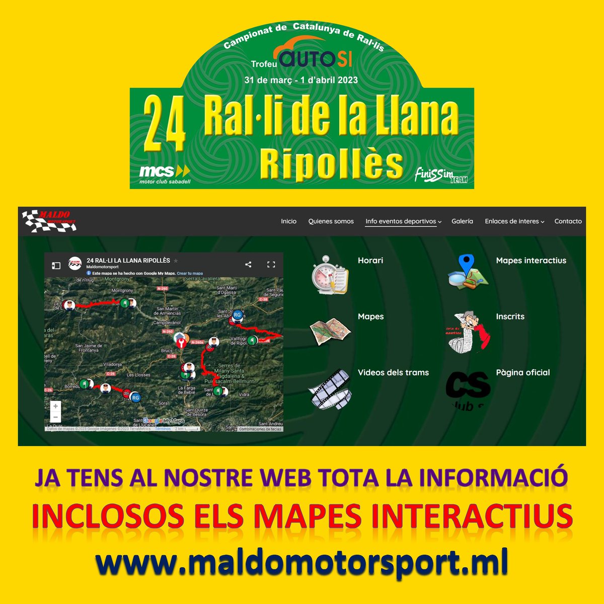 maldomotorsport's tweet photo. 🎯 24 RAL·LI DE LA LLANA RIPOLLÈS
📢 Ja tens tota la ℹ️ al nostre 🌐 web, inclosos els 🗺️ mapes interactius.
https://t.co/3FLQhTFTc8
#motorsport #maldomtorsport #rally #informació #mapes #interactius #lallana #ripolles #campionat #catalunya https://t.co/TCLRpY9yO2