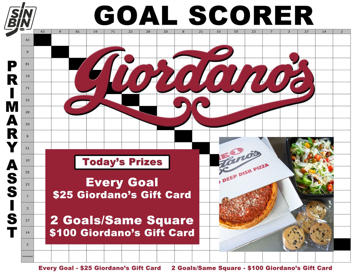 A game in Chicago? That means Giordano's #HockeySquares!

RT now to enter. 324 people will be selected randomly. Every goal tonight is a winner. Good luck!