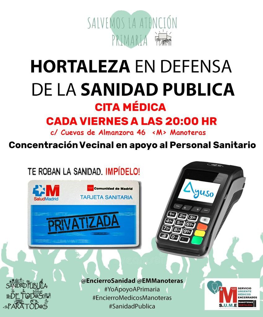 Cada viernes a las 20h tenemos cita médica en Manoteras con los médicos del #EncierroMedicosManoteras
Para aplaudir, charlar y organizar la defensa de la #SanidadPublica de calidad.
#YoApoyoAPrimaria