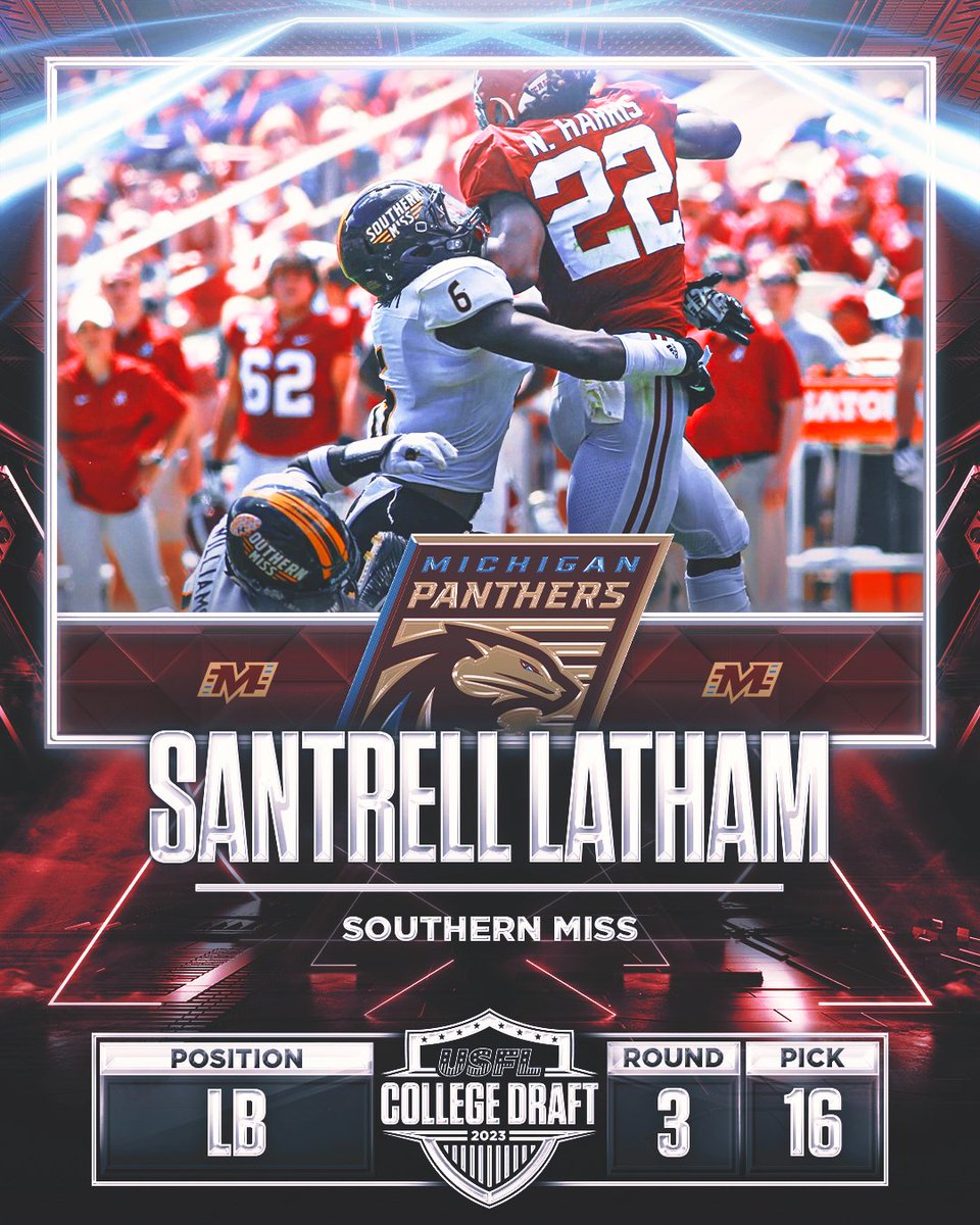 _PanthersUFL's tweet photo. With the 16th pick of the 2023 USFL College Draft, we select LB Santrell Latham! @crooked_6 https://t.co/dKkcpdFYXI