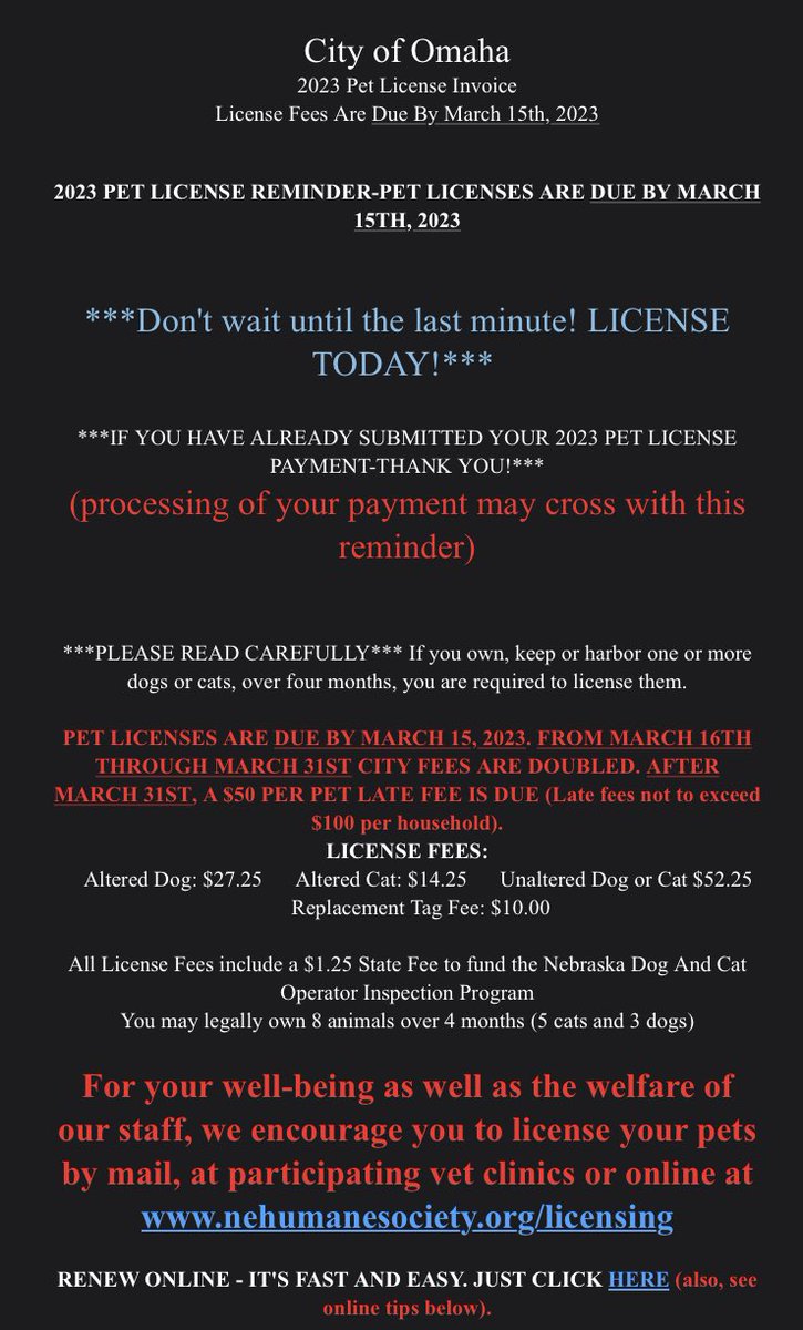 This is an email notice from the City of Omaha to license my cats. Not only does the salad of fonts, colors, parentheticals and triple-starred phrases cause cancer, but it suggests that the person in charge of the pet license division is the Micromanager of the Century