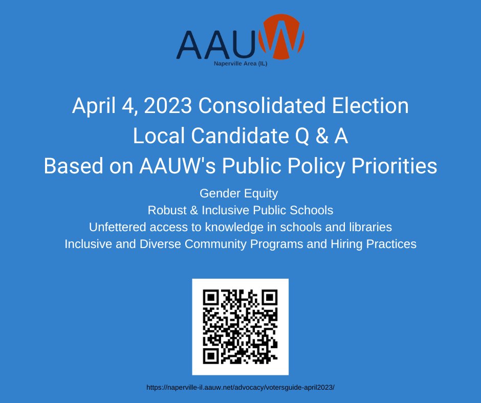AAUW Naperville has published a guide to candidates in the April 4th local election, based upon their replies to questions we asked that focused on our public policy priorities. 

Learn more about the candidates here: naperville-il.aauw.net/advocacy/voter…

#naperville #vote #genderequality