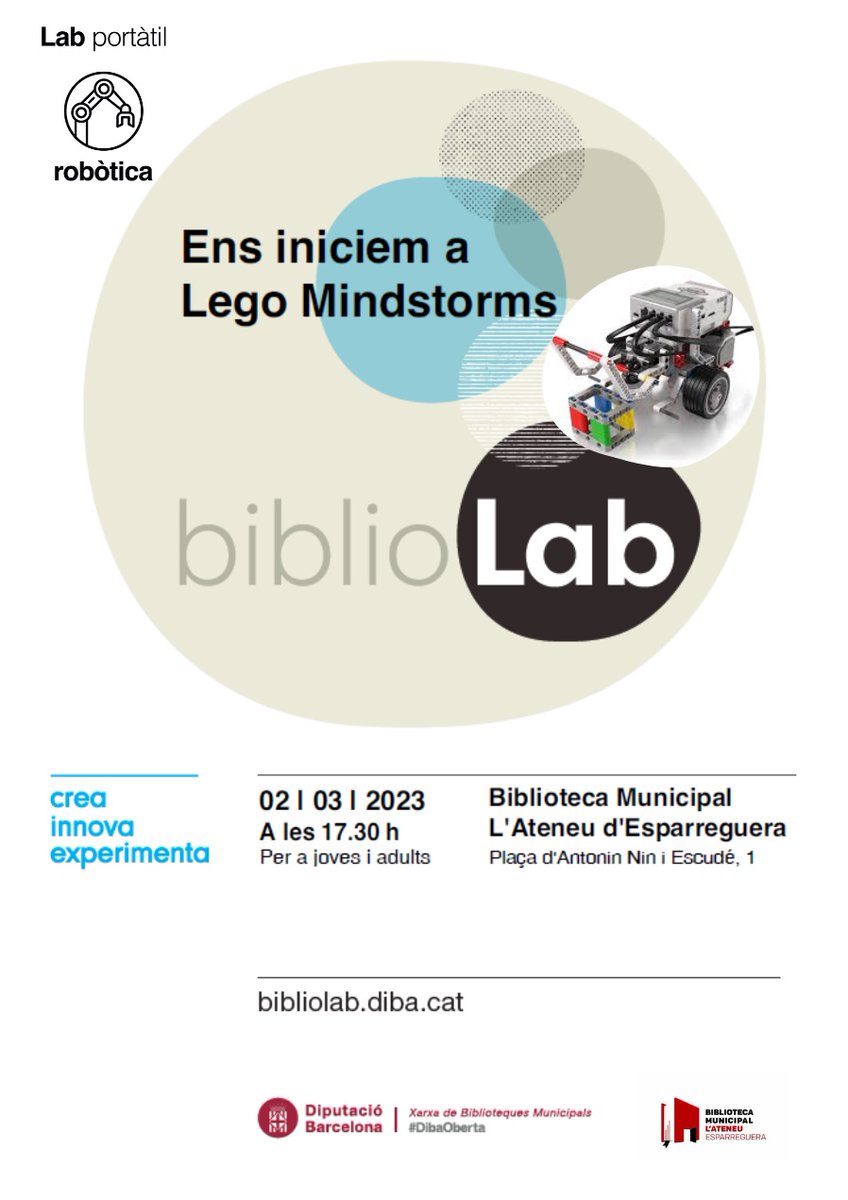 BibEsparreguera's tweet image. Què en sabeu de robòtica? 🤖 Voleu descobrir com programar amb LEGO Mindstorms? No us perdeu el Lab tecnològic per a joves i adults del proper dijous 2 de març. Inscripcions obertes!

#Esparreguera #BibliotecaEsparreguera #BiblioLabXBM  @bibliotequesXBM