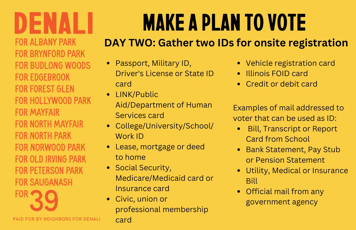 Make a plan to vote - gather your IDs for onsite registration.

If you're already registered, you don't need an ID to vote. 🗳️