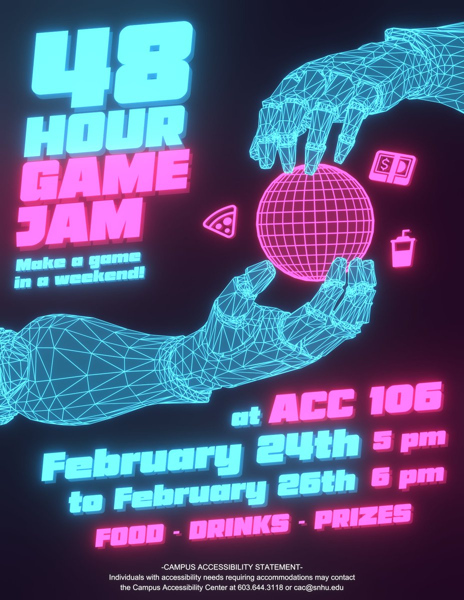SNHUGameDesign's tweet photo. This Friday we are starting out last 48 hour Game Jam of the semester! Join us at 5pm in ACC 106! https://t.co/GBLcoDROQs