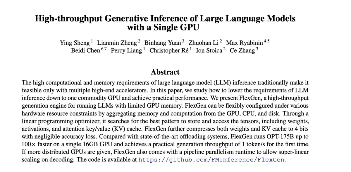 diegofiori_'s tweet photo. Found this paper&amp;github that is worth sharing → “High-throughput Generative Inference of Large Language Models with a Sigle GPU”

Paper: https://t.co/Lk9hjRa4JT
Github: https://t.co/3sgY3za8YM https://t.co/tVsIM7D3tX