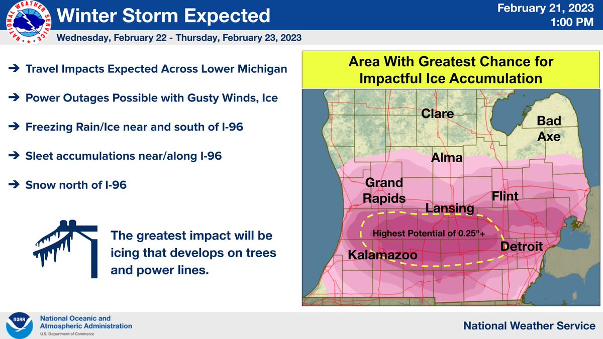 NWSGrandRapids's tweet photo. To put it simply, tomorrow looks nasty. Many areas may see a combination of snow, sleet, and/or freezing rain tomorrow. Ice accumulation looks likely between I-96/I-69, snow north of M-46, and some sleet/ice pellets in between. Roads will be bad, so avoid traveling if you can! https://t.co/avQhCSydok