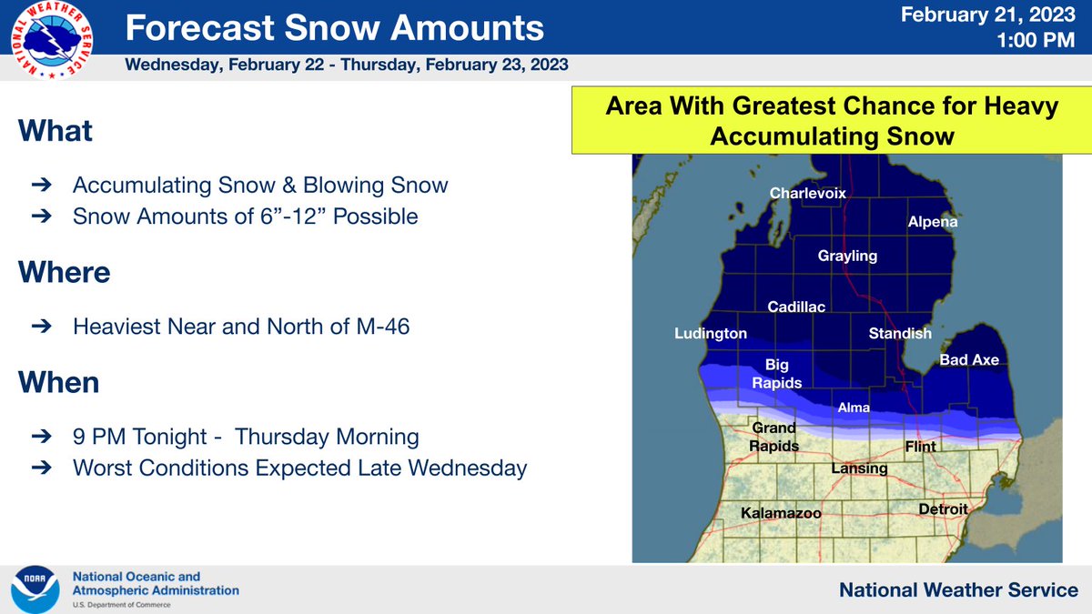 NWSGrandRapids's tweet photo. To put it simply, tomorrow looks nasty. Many areas may see a combination of snow, sleet, and/or freezing rain tomorrow. Ice accumulation looks likely between I-96/I-69, snow north of M-46, and some sleet/ice pellets in between. Roads will be bad, so avoid traveling if you can! https://t.co/avQhCSydok