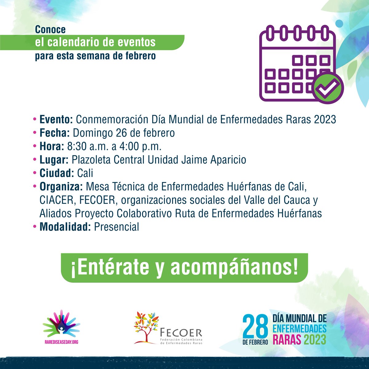 Fecoer's tweet photo. ✅ Cali
📆 25 de febrero
👉🏼 Lanzamiento del libro "Un milagro llamando Enmanuel" *

✅ Cali
📆 26 de febrero
👉🏼 Conmemoración del Día Mundial de las Enfermedades Raras *

*Inscripción en: https://t.co/YI56AxZTtR

¡Entérate y acompáñanos!

#FECOER #FECOERSomosTodos https://t.co/LAa0QLfPxt