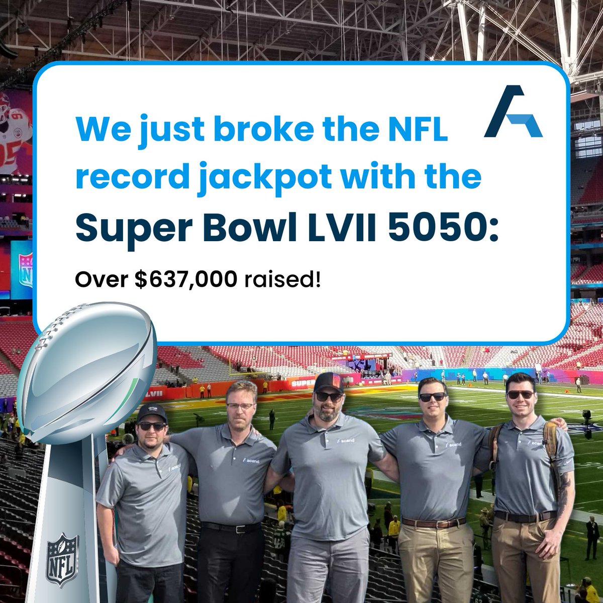 Ascend Fundraising Solutions (@solutionsascend) on Twitter photo We're proud to announce that Ascend and the NFL Foundation had the largest single-day sporting event 50/50 jackpot in US history at #SuperBowlLVII 💫
Thank you <a href="/NFLFoundation/">NFL Foundation</a> , <a href="/AZCardinals/">Arizona Cardinals</a> , and <a href="/Dbacks/">Arizona Diamondbacks</a> for making this amazing achievement possible! We're proud to announce that Ascend and the NFL Foundation had the largest single-day sporting event 50/50 jackpot in US history at #SuperBowlLVII 💫
Thank you <a href="/NFLFoundation/">NFL Foundation</a> , <a href="/AZCardinals/">Arizona Cardinals</a> , and <a href="/Dbacks/">Arizona Diamondbacks</a> for making this amazing achievement possible!