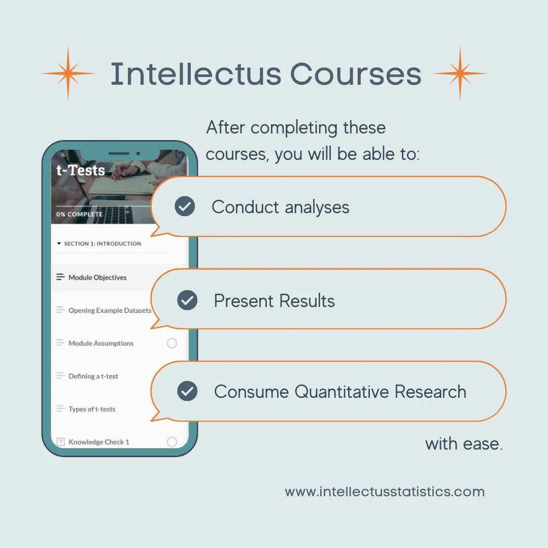 intellectustats's tweet image. As if the tool isn&apos;t enough, we released a stats course that is designed for non-statisticians who want to gain confidence in conducting statistical analyses and interpreting output. Join us and take the first step to mastering statistics! #IntellectusStatistics #StatsCourse