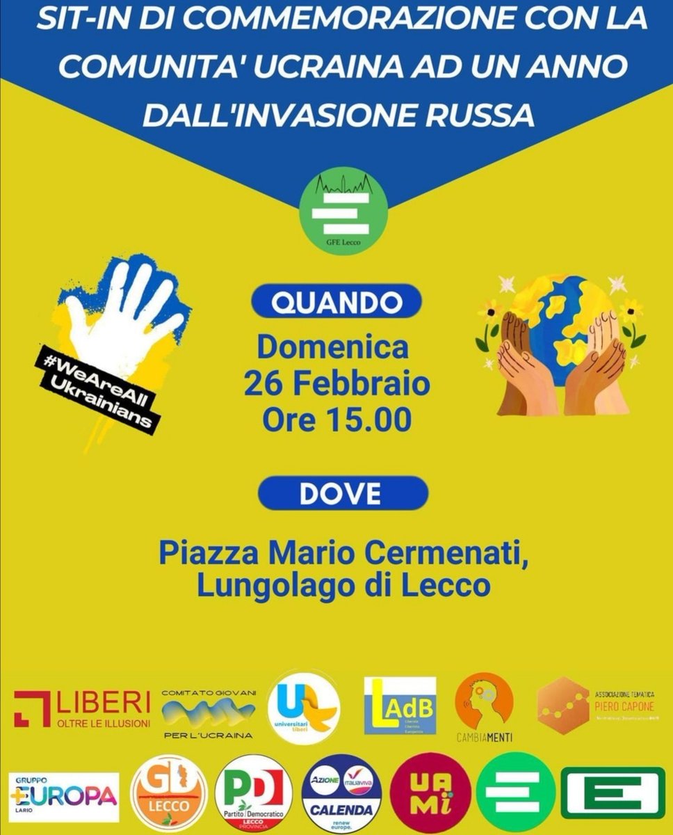 asino_buridano's tweet photo. Aderiamo convintamente al sit-in organizzato da GFE Lecco a sostegno dell'Ucraina e della sua popolazione. Ci vediamo domenica prossima, 26 febbraio, in piazza Cermenati a Lecco. #LAdB #Lecco #Ucraina #StandWithUkraine https://t.co/W02Ko0UQpc