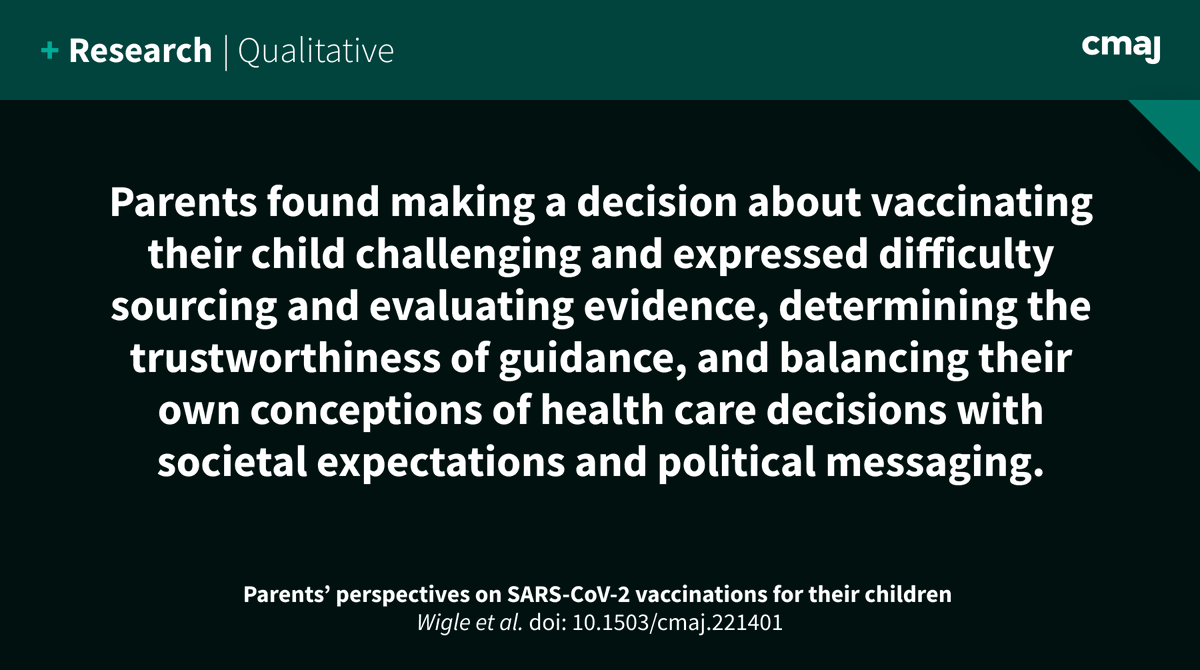 CMAJ's tweet photo. Parents’ perspectives on #COVID19 vaccinations for their children aged 5–11 represented a continuum of concern ➡️ https://t.co/aXakYVizuV
@jannahwigle @khodwitz @KateAllan_PhD @researchsketch @barbara_fallon @TARGet_Kids @UnityHealthTO @UofT_FIFSW @BirkenCatherine https://t.co/EkOLOBZOzn