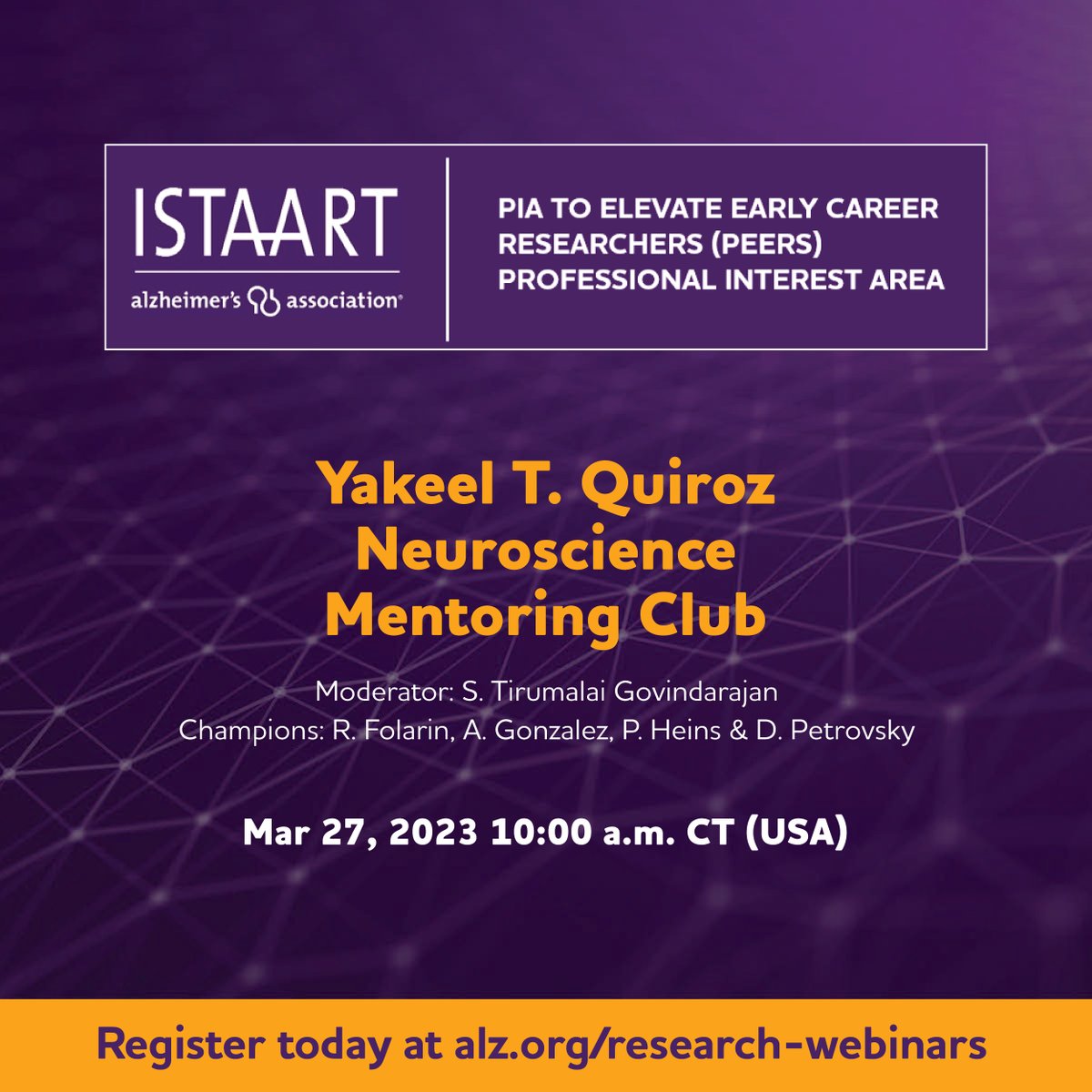 Our @PEERSPIA is hosting the Neuroscience Mentoring Club! Registration is open to @ISTAART and non-ISTAART members. Register today: alz-org.zoom.us/meeting/regist…