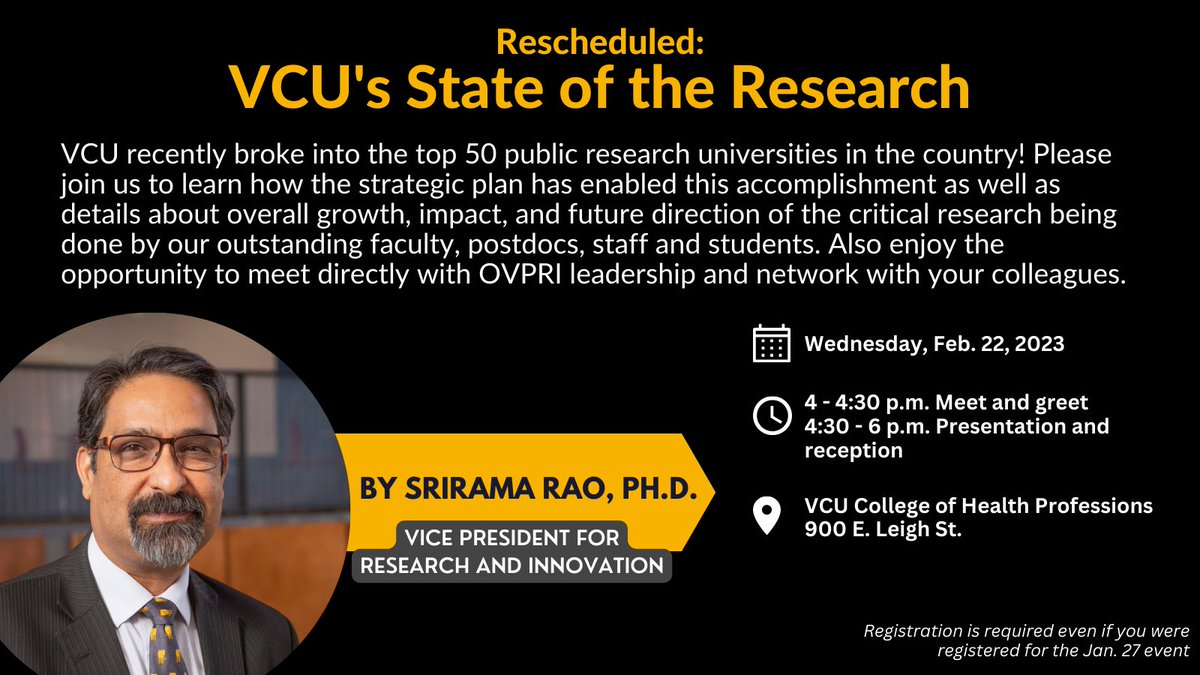 VCU Research (@vcuresearch) on Twitter photo VCU's State of the Research presentation is tomorrow! 📆
VPRI <a href="/SriramaRao2/">Srirama Rao</a> will be joined by <a href="/VCUpresident/">Michael Rao, Ph.D.</a> and <a href="/vcuchp/">VCU College of Health Professions</a> Dean Parish to discuss VCU's State of the Research at 4 p.m. at the College of Health Professions.
Register here: bit.ly/3Ilcrlp VCU's State of the Research presentation is tomorrow! 📆
VPRI <a href="/SriramaRao2/">Srirama Rao</a> will be joined by <a href="/VCUpresident/">Michael Rao, Ph.D.</a> and <a href="/vcuchp/">VCU College of Health Professions</a> Dean Parish to discuss VCU's State of the Research at 4 p.m. at the College of Health Professions.
Register here: bit.ly/3Ilcrlp