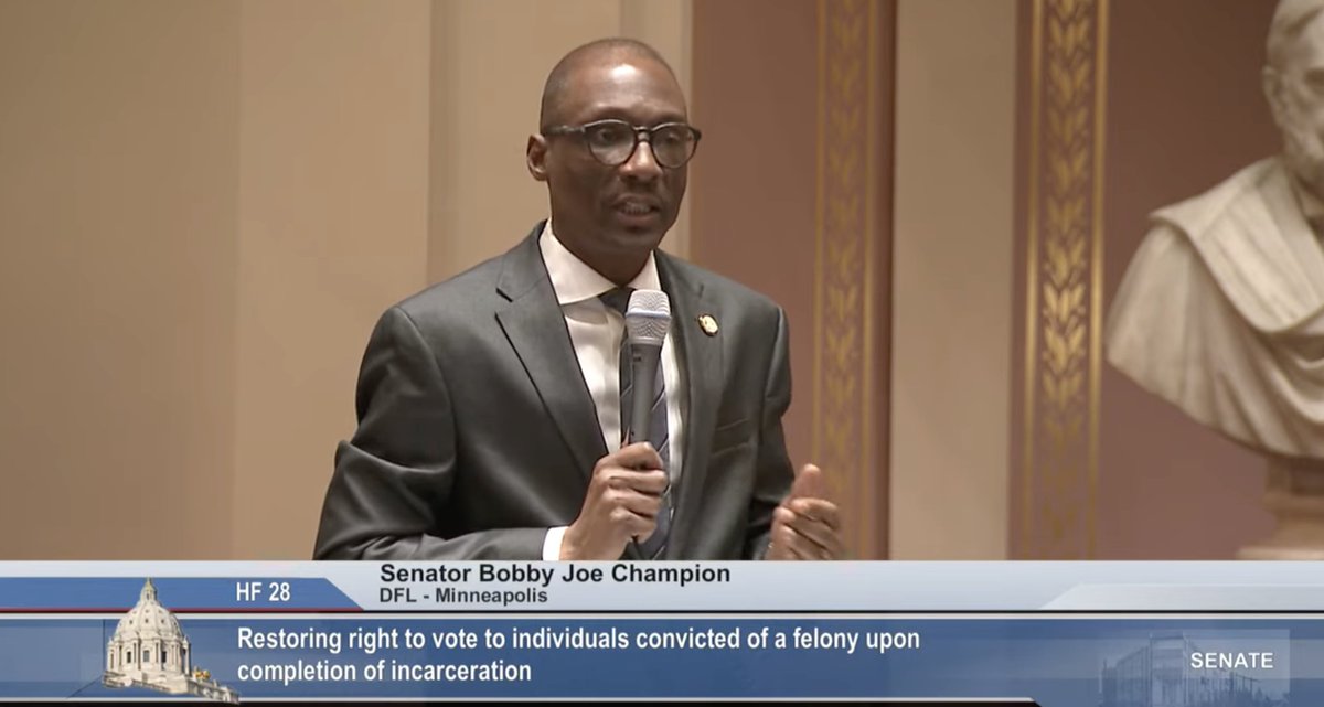 RTVMN's tweet photo. "We should not continue to perpetually punish individuals. When people do pro-social, good things, they do good things. We want to lower recidivism. That's what this bill does." @SenatorChampion #Freedom2Vote https://t.co/c9TxJI95HO