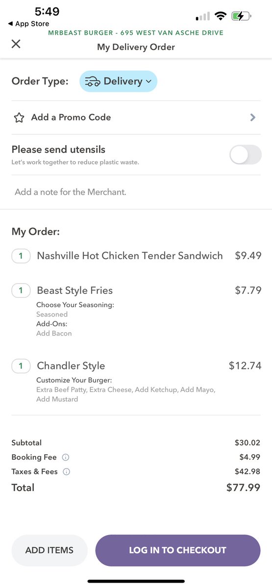 bigb78fbg's tweet photo. @MrBeast gotta ask my guy. What is with the taxes and fees on this? Can’t order food with crazy feed like that. https://t.co/ZTNgAZvhfY
