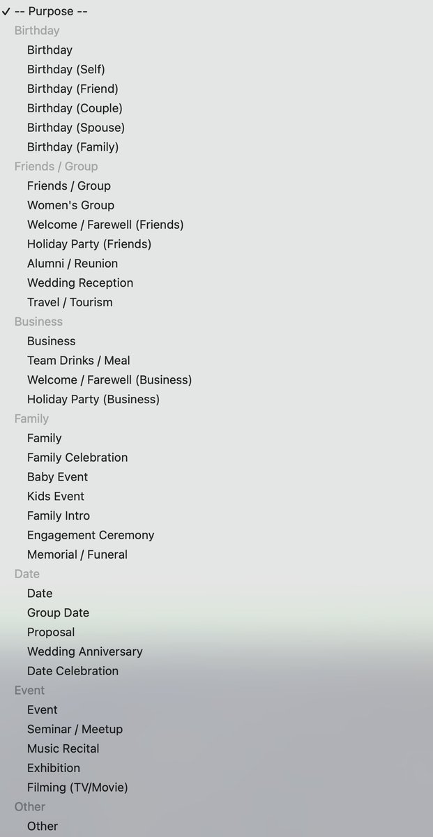Douglas Hanna (@douglashanna) on Twitter photo The number of possible occasions listed by <a href="/tablecheck/">TableCheck</a> (Resy/OpenTable alternative for Japan) is so amusing. My favorite is "Family Intro" The number of possible occasions listed by <a href="/tablecheck/">TableCheck</a> (Resy/OpenTable alternative for Japan) is so amusing. My favorite is "Family Intro"