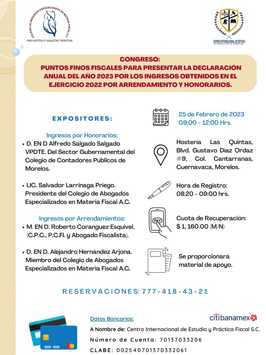 El Colegio de Abogados Especializados en Materia Fiscal y el Centro Internacional de Práctica Fiscal te invitan a formar parte del CONGRESO “Puntos finos fiscales para presentar la Declaración Anual 2023 por ingresos obtenidos en el Ejercicio 2022 por Arrendamiento y Honorarios”.