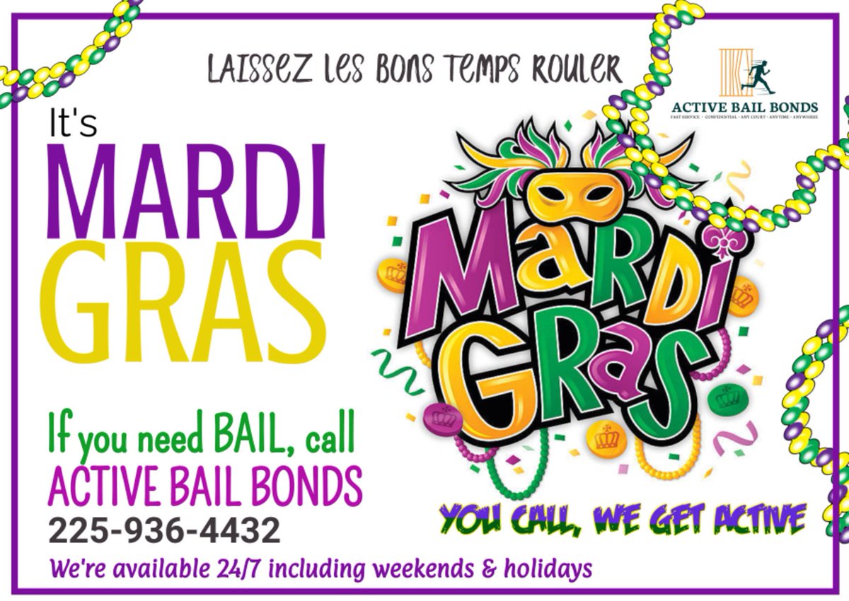 cornell_dukes's tweet photo. Happy Mardi Gras to all of our friends in the southern region💜💚💛Be safe! Have fun! If you need us, we’re only a call away. Our professional agents are standing by 24/7 including weekends and holidays - call 225-936-4432. You call, we get ACTIVE! https://t.co/m5kOSW24lD