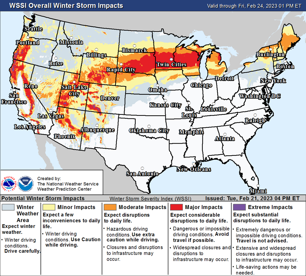 Here's a look at the Winter Storm Severity Index (WSSI) over the next 3 days, through midday Friday. Moderate, Major and Extreme winter weather impacts are expected from the West Coast to New England with travel not advised in the Upper Midwest due to blizzard conditions.