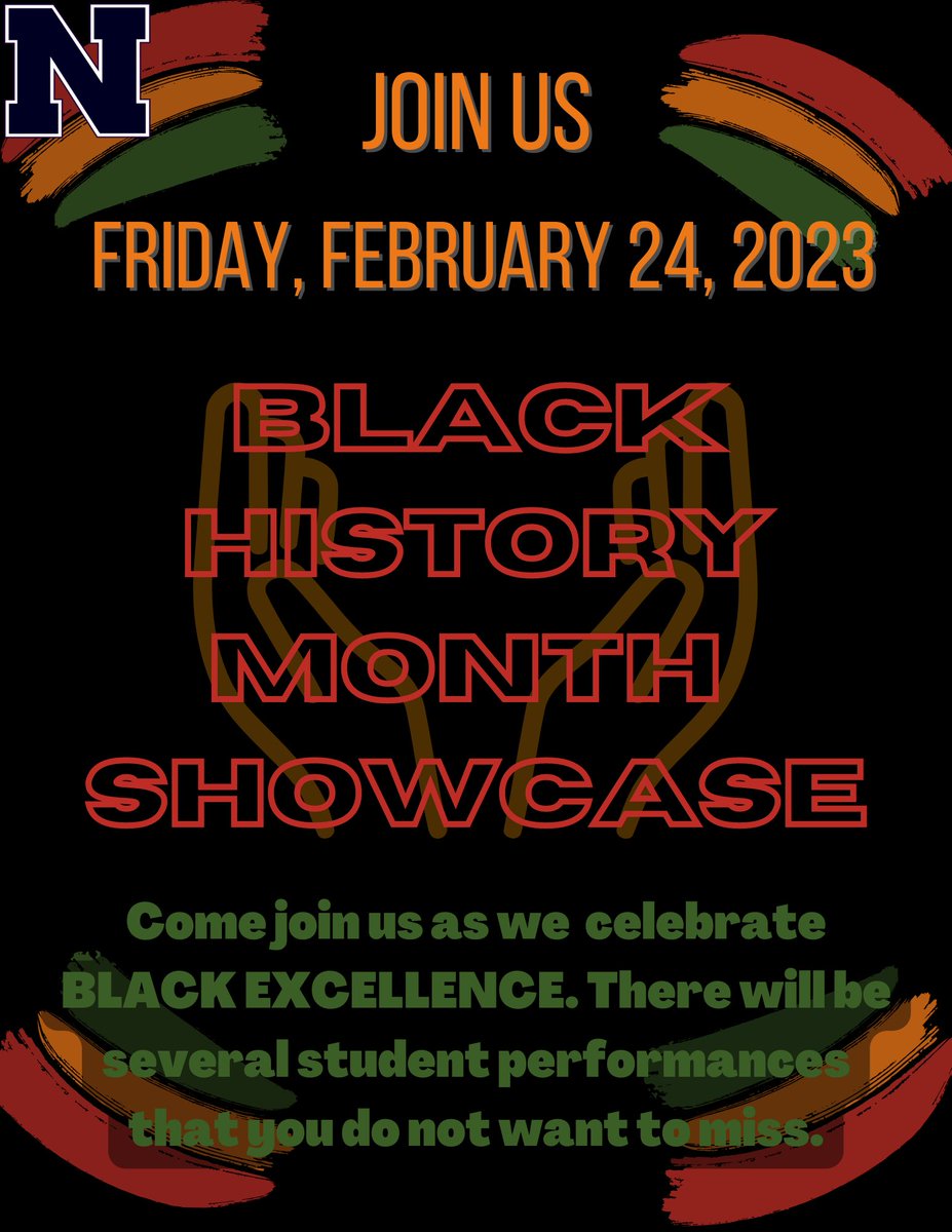 Newberry_HS's tweet photo. This Friday, our students will highlight Black Excellence in a showcase of high quality artistic performances.

We are looking forward to watching them showcase their gifts and talents for our school community.

#DOMINATE #TheBestOfNHS https://t.co/8jFm2RQPXG