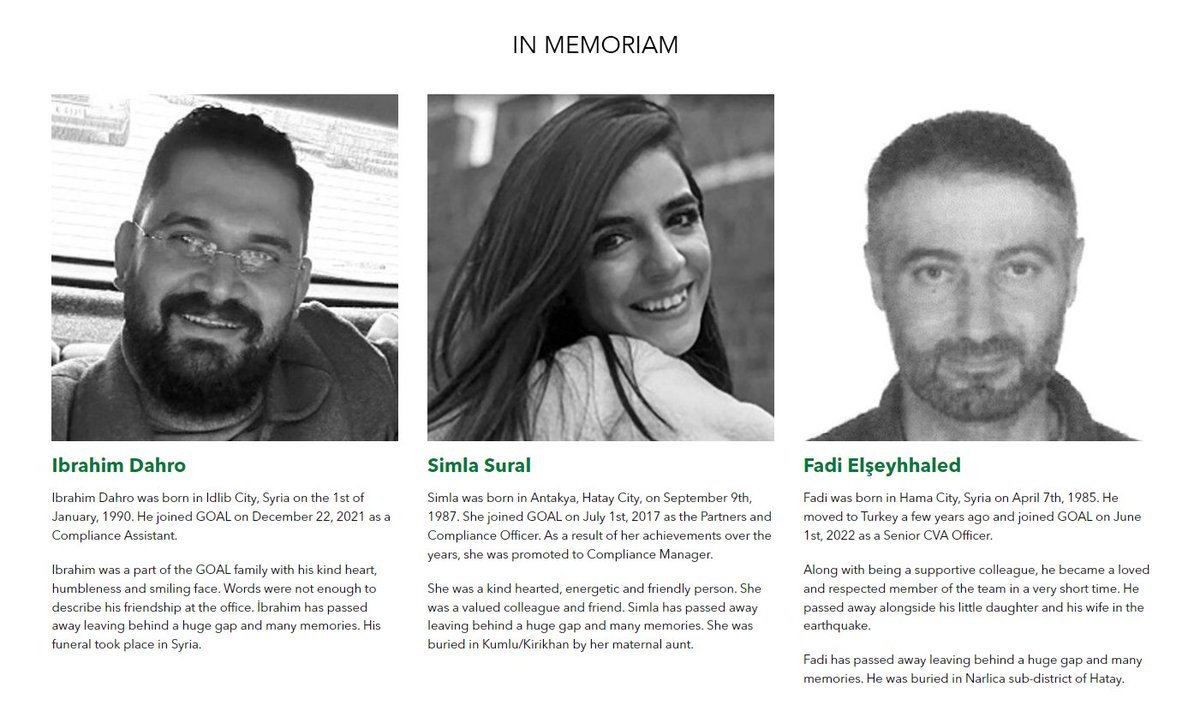 We're deeply saddened by the further loss of 3 GOALies to the devastating #TurkeySyriaEarthquake Ibrahim, Simla & Fadi will be sorely missed by friends, family, colleagues & the communities they served. Please visit bit.ly/3IoD6xC to share a message of condolence