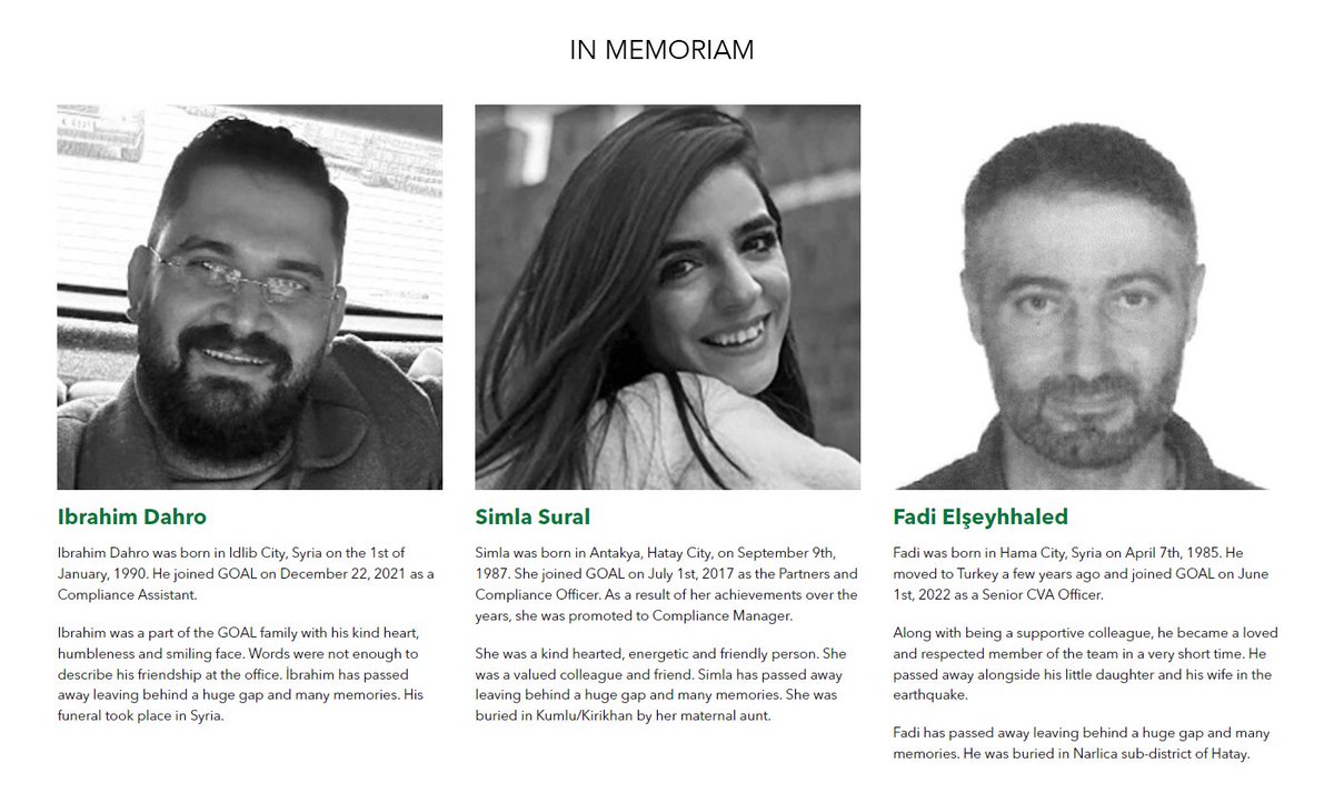 We're deeply saddened by the further loss of 3 GOALies to the devastating #TurkeySyriaEarthquake

Ibrahim, Simla &amp; Fadi will be sorely missed by friends, family, colleagues &amp; the communities they served. 

Please visit bit.ly/3IoD6xC to share a message of condolence