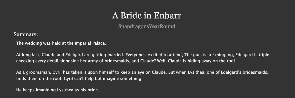 A Bride in Enbarr

An Edelclaude and Cysithea fic, written for @Masqueerade22 as a reward for participating in the <a href="/CyrilCYL7/">Vote Cyril for CYL7</a> campaign! Thank you so much for voting, and I hope you like the fic!

FE3H, Gen, 2,4k words. Link in tweet below!