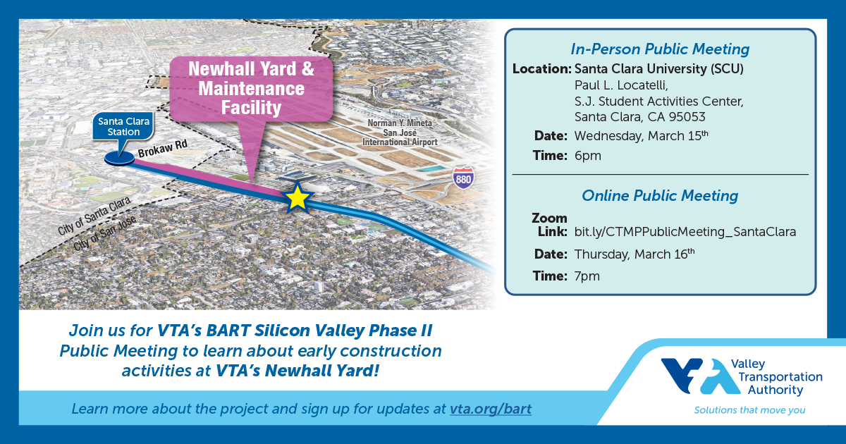 vtabsv2's tweet image. Don’t miss out on the latest VTA Bart Silicon Valley Phase II news! Join us for a Public Meeting Wed. 3/15 In-Person or Thurs. 3/16 Online and learn about the latest construction updates in VTA’s Newhall Yard along Coleman Avenue. RSVP today!  bit.ly/BARTCTMP 
#HelloVTA