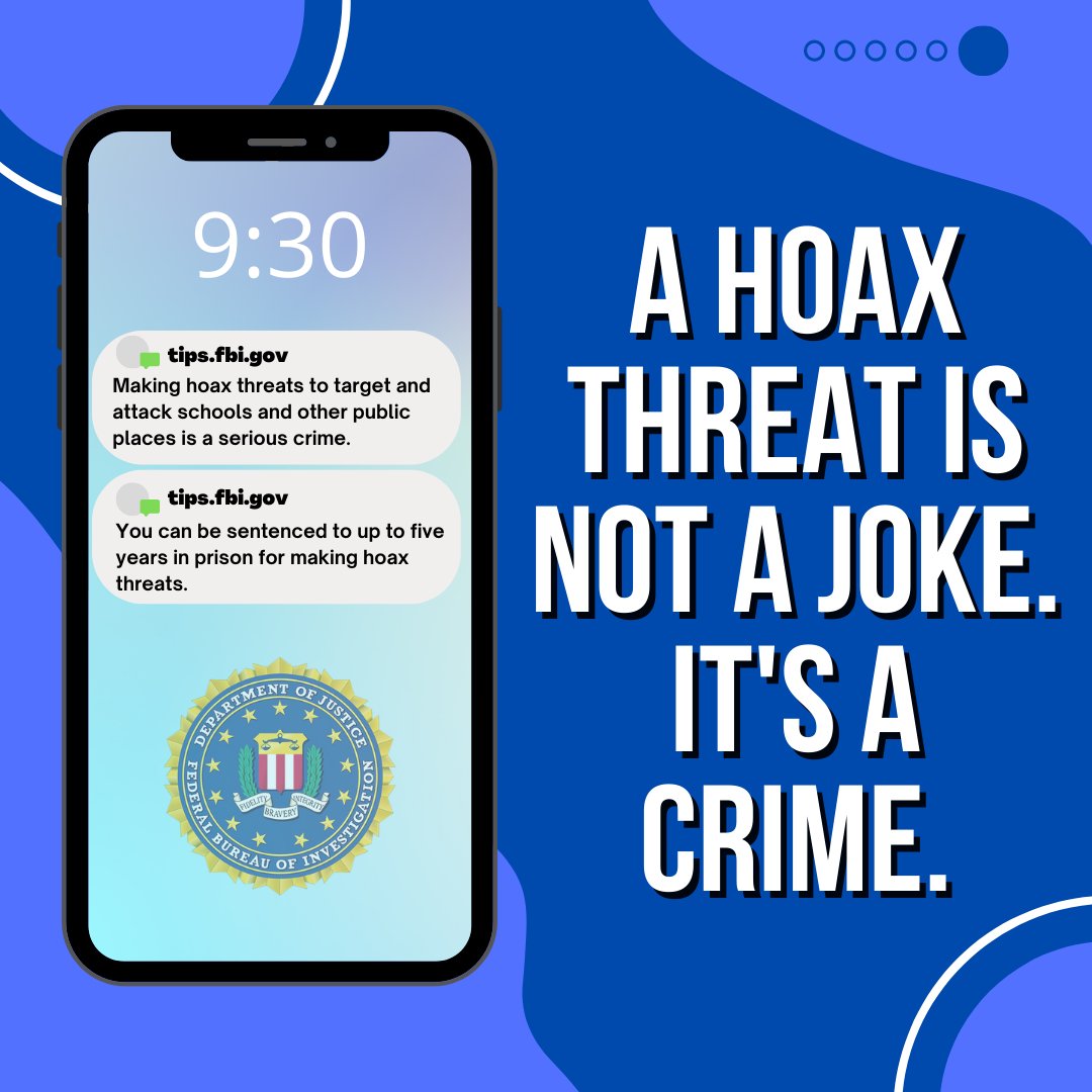 Hoax threats are no joke! Whether it's over social media, via text message, or through an e-mail making a hoax threat against a school or other public place is a federal crime. #ThinkBeforeYouPost