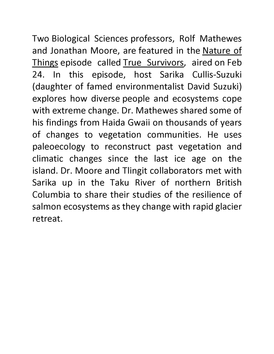 SFUBioSci's tweet photo. Our Biological Sciences professors, Rolf Mathewes and Jonathan Moore, are featured in the Nature of Things episode called True Survivors, aired on Feb 24, this Friday. Don't forget to watch! https://t.co/2t4EPhaE9j