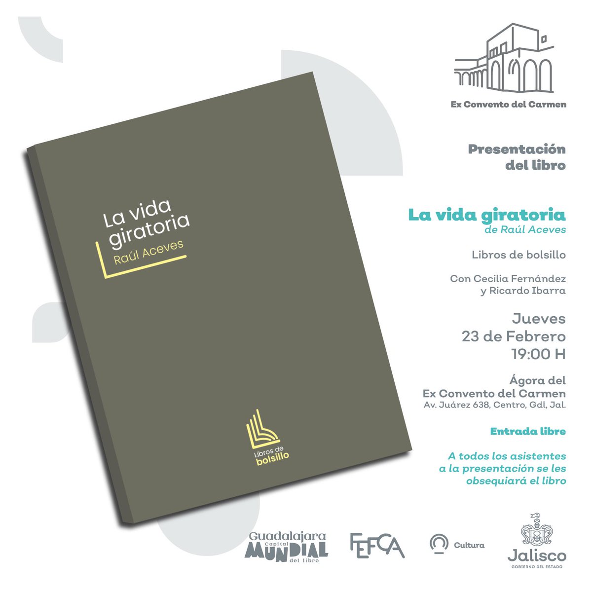 dizazaga's tweet photo. El jueves, a las 7 pm, no pueden faltar al Ágora del ex convento del Carmen.
Presentaremos el primer libro de la colección Libros de Bolsillo: La vida giratoria, de @cajadeislas.
A todos los asistentes les regalaremos el libro.
Presentan: @ceciliayasmin y Ricardo Ibarra. https://t.co/vcYYUUUYHJ