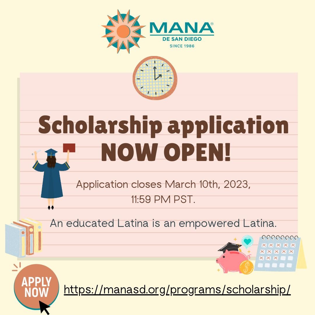 vivianmorenoSD's tweet photo. The scholarship application is now OPEN at MANA De San Diego! Apply today through March 10, 2023! For more information and to apply, please go on https://t.co/2IXj5IxBI3
#MANASD #Latinas #VivianMoreno #SanDiego https://t.co/WKAmwlDW3l