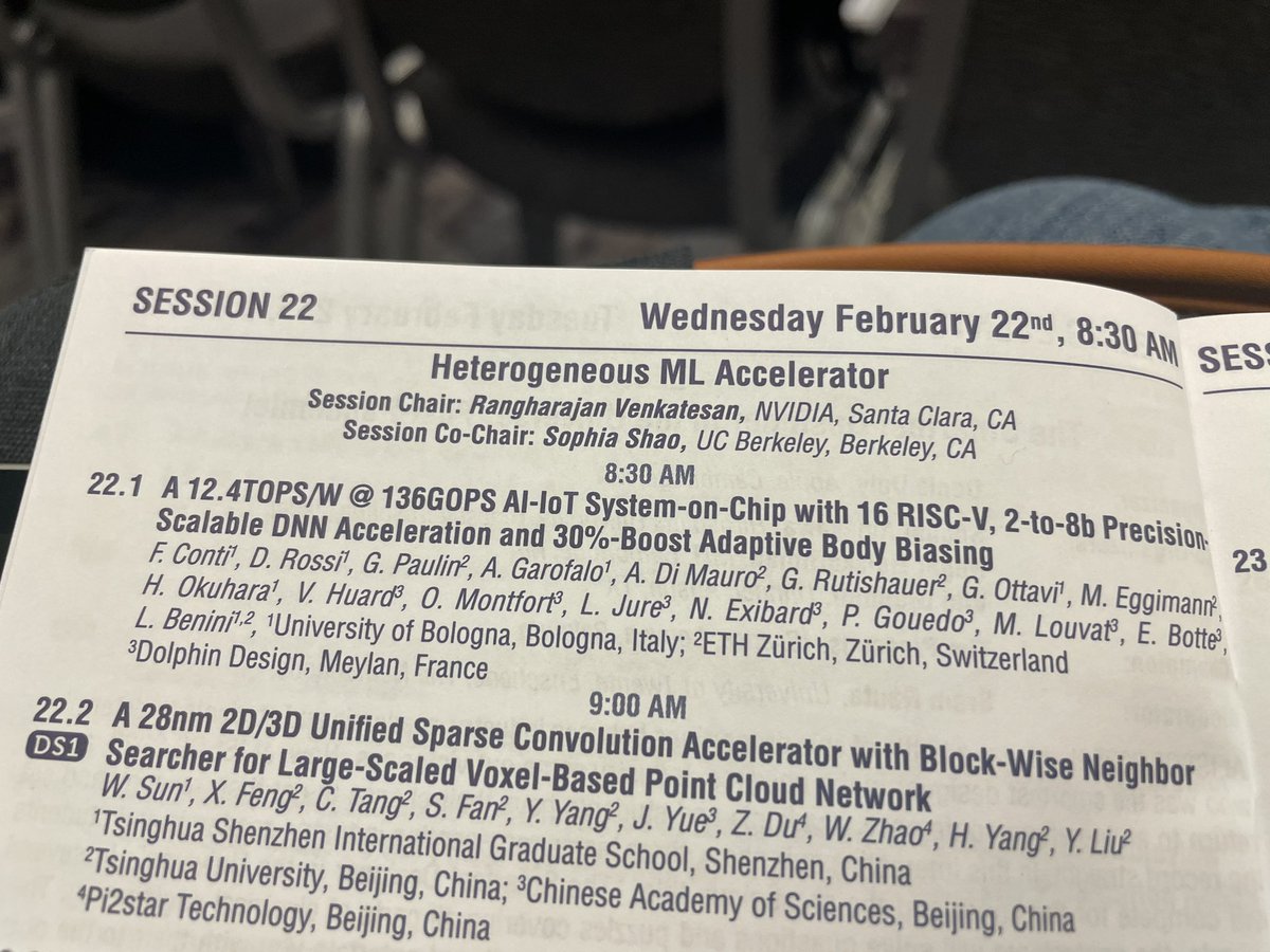 If you are at ISSCC 2023 do not miss out on #Marsellus tomorrow (paper 22.1): one of our strongest 💪💪 @pulp_platform chips with 16 RISC-V cores, 2-to-8b Precision-Scalable DNN Acceleration (up to 12.4 TOPS/W) and 30%-Boost Adaptive Body Biasing! #isscc #tinyML @LucaBeniniZhFe