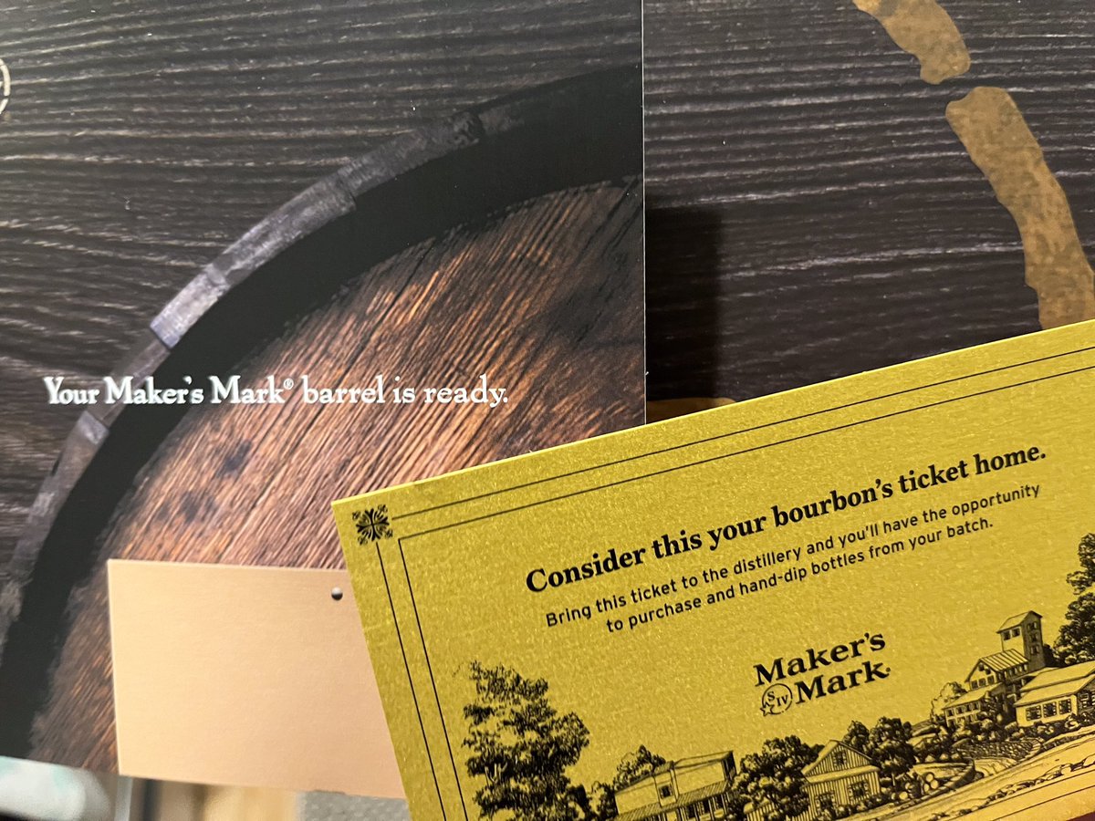 tarferg's tweet photo. After waiting 6 years….received my Golden Ticket today from @MakersMark that my barrel is matured &amp; ready to taste &amp; dip my own bottle!!! 💃🏼🥃 #happydance #bourbon https://t.co/rrpXFqsW5K