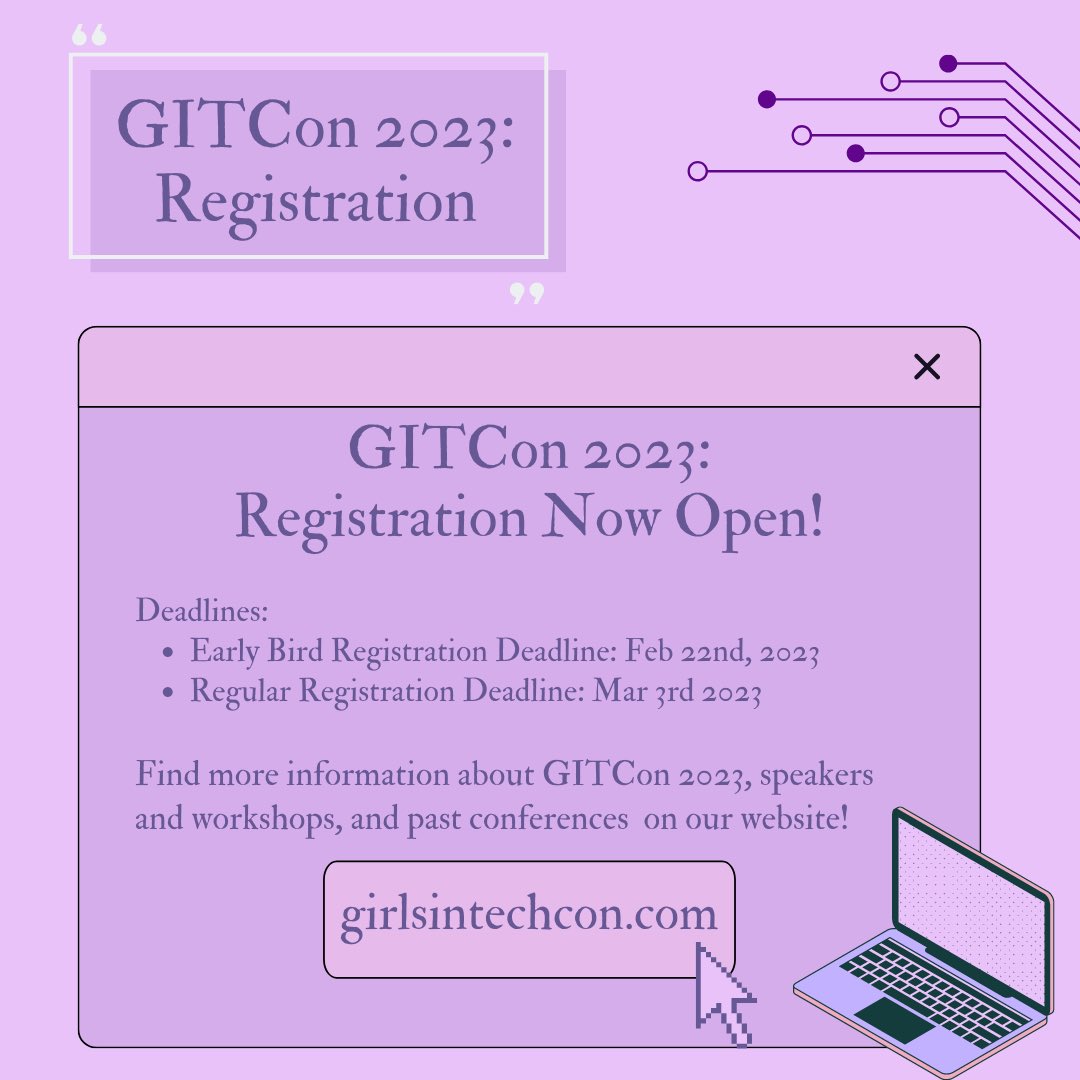 GirlsInTechCon's tweet image. GITCon 2023 registration for teachers and students is now open! Check out our website for the registration form and additional details! 💜