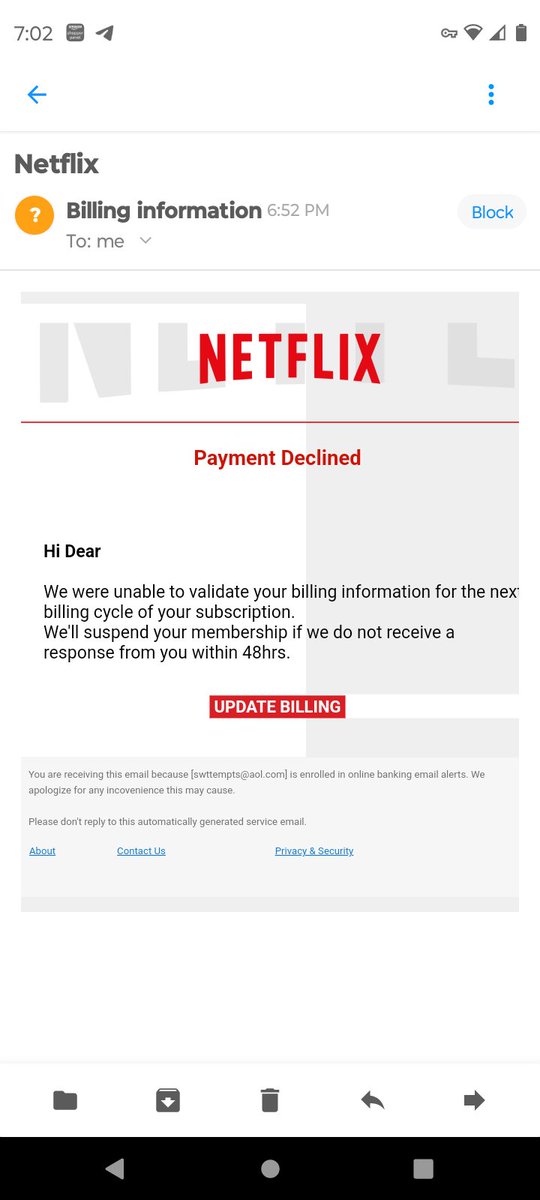 TVnCouponTalk's tweet image. Because Netflix always calls me Dear 😂

#Spam #SpoofEmail #CantFoolMe