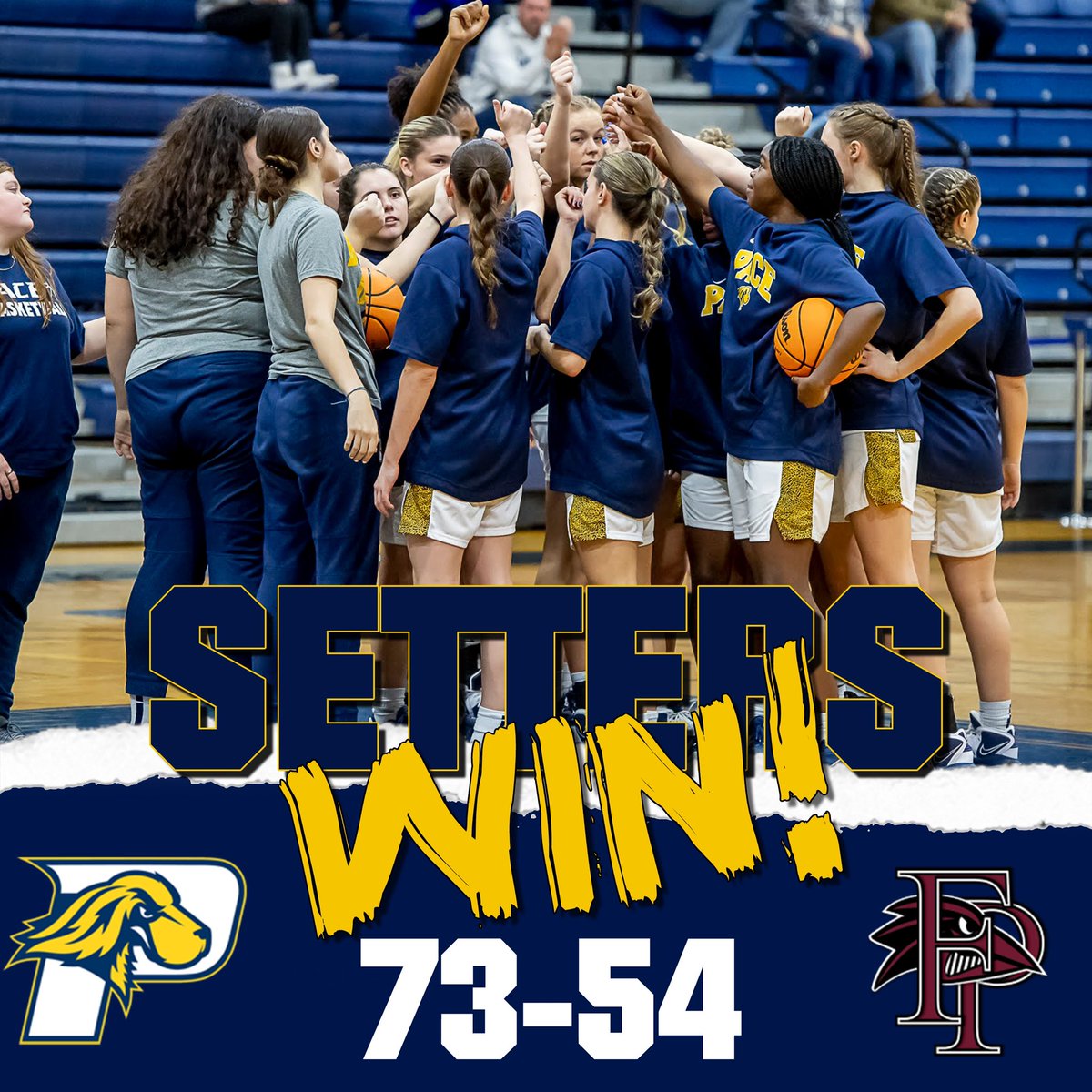 PaceUAthletics's tweet photo. And that’s a Senior Night W for @PaceWBB ! The Setters defeated the Ravens 73-54 !!!!

⭐️ Morgan Ryan—15 pts 
⭐️ Lauren Hackett—14 pts 
⭐️ Arianna Stockinger—11pts 
⭐️ Tower Lorde—11 pts 

And a special 3 pt basket from Senior Guard Kelsey Quain 🥶💪🏼 https://t.co/j3l3iZOLKr