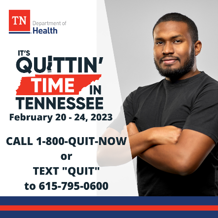 TNDeptofHealth's tweet photo. It’s Quit Week in Tennessee! You can start quitting smoking by calling 1-800-QUIT-NOW or text “Quit” to 615-795-0600. #TobaccoFree2023 #TNStopTobacco #TNQuitWeek https://t.co/P3cx39Mrsz