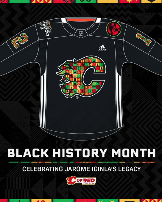 Black History Month jersey graphic, showcasing this year's design which celebrates Jarome Iginla's legacy in Calgary