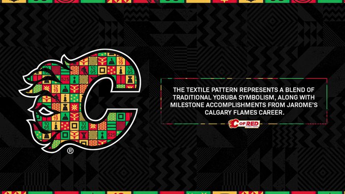 The C textile pattern represents a blend of traditional Yoruba symbolism, along with the milestone accomplishments from Jarome's career in Calgary