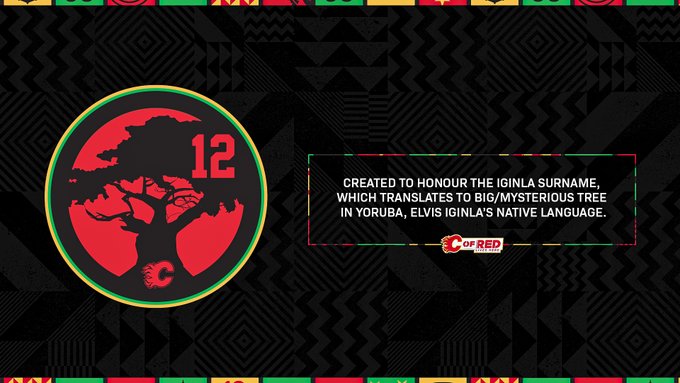 The shoulder patch honours the Iginla surname, which translates to Big/Mysterious Tree in Yoruba, Elvis Iginla's native language