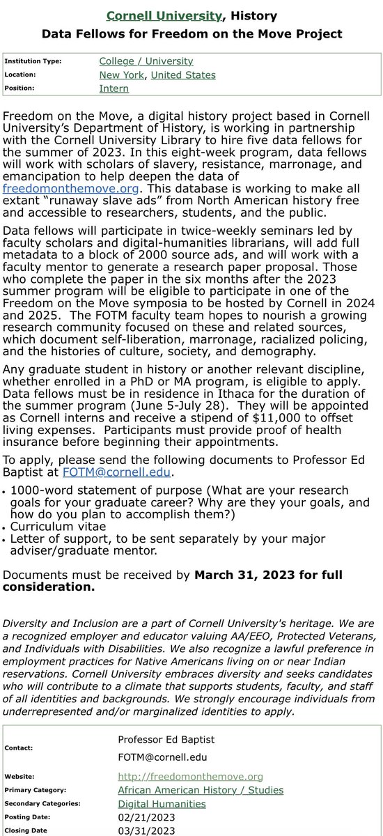 @fotmproject invites apps to fill 5 data fellow positions for the summer of 2023…They will be appointed as Cornell interns &amp; receive a stipend of $11K to offset living expenses &amp; need to be in res. at Cornell from June 5-July 28. #Blktwitterstorians #twitterstorians @Ed_Baptist