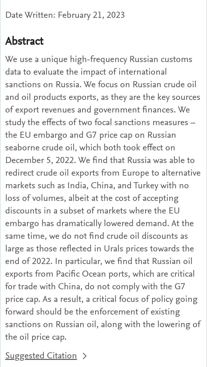 Assessing the Impact of International Sanctions on Russian Oil Exports

Joint with <a href="/ben_hilgenstock/">Benjamin Hilgenstock</a> <a href="/elinaribakova/">Elina Ribakova 🇺🇦</a> <a href="/mironov_fm/">Maxim Mironov</a> <a href="/TaniaBabina/">Tania Babina 🇺🇸 🇺🇦</a> <a href="/itskhoki/">Oleg Itskhoki</a>

papers.ssrn.com/sol3/papers.cf…