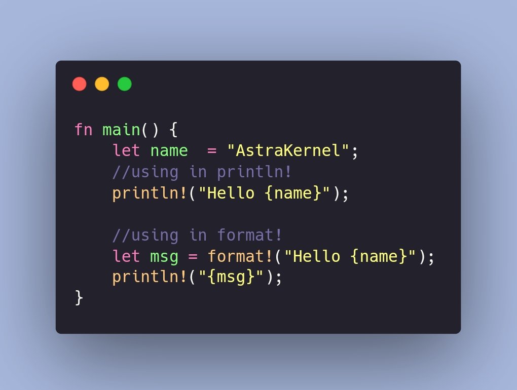 AstraKernel's tweet image. ✨ Using variable inside Format String
👉 It appears many people are not aware of this syntax that was introduced in Rust 1.58(2022/01/13)
#rustlang #rusttips #rust #learnrust #programming