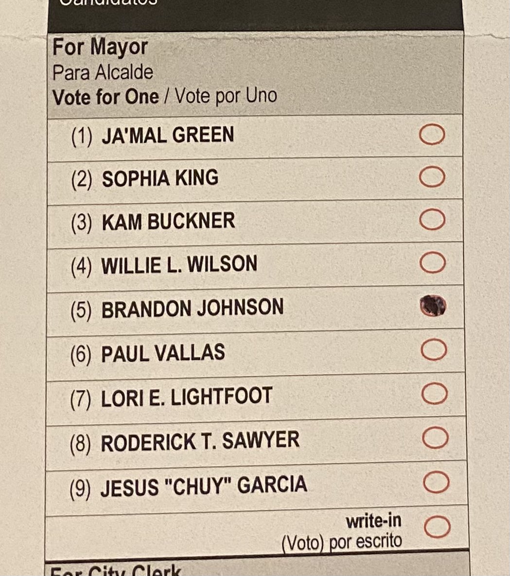 D_Stieber's tweet photo. I punched 5 and voted for @Brandon4Chicago for the next Mayor of Chicago! #BrandonIsBetter 
I also voted for @Khari4Progress in the 4th Ward https://t.co/HwNXD713nD